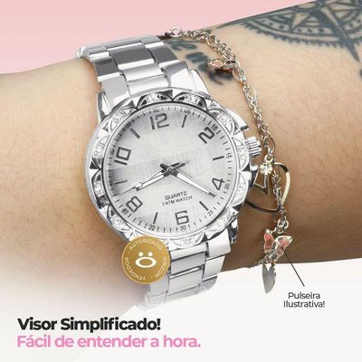 Relogio Feminino Prova Dagua Banhado + Relogio Aço Strass Qualidade Premium Redondo Resistente Kit