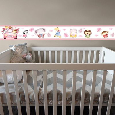 Kit 3 Faixas Decorativas Papel Parede Infantil Animais Carro Titulo Rosa