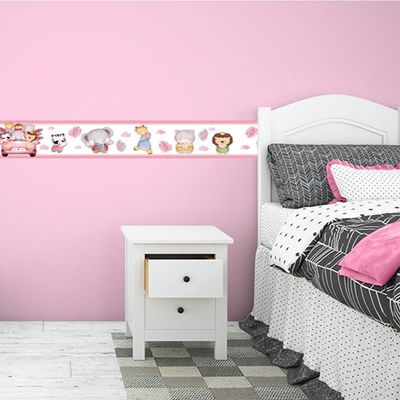 Kit 3 Faixas Decorativas Papel Parede Infantil Animais Carro Titulo Rosa