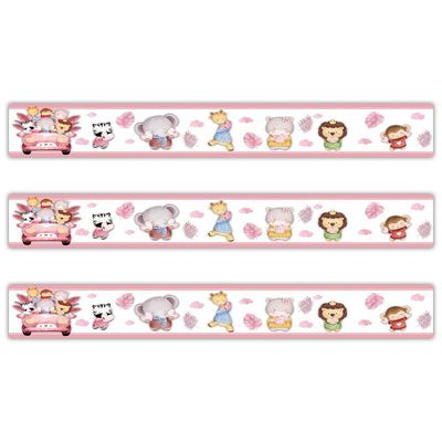 Kit 3 Faixas Decorativas Papel Parede Infantil Animais Carro Titulo Rosa