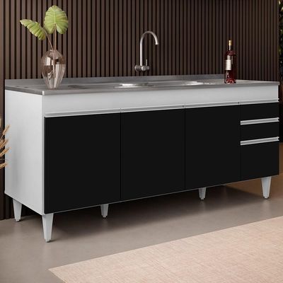 Balcão Gabinete Com Pia 180Cm Dallas Branco/Preto - Lumil
