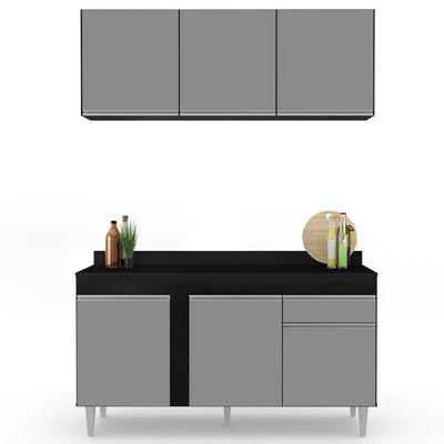Armário Aéreo Argélia E Balcão Gabinete Para Pia Com Tampo 150cm Dakota Preto-cinza - Lumil