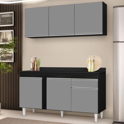 Armário Aéreo Argélia E Balcão Gabinete Para Pia Com Tampo 150cm Dakota Preto-cinza - Lumil