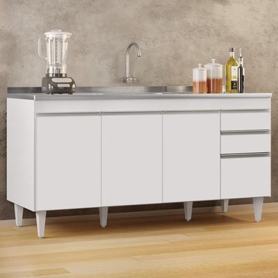 Balcão Gabinete Com Pia Inox 160cm Arkansas Branco - Lumil
