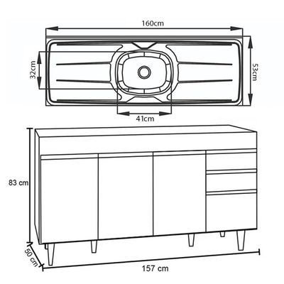 Balcão Gabinete Com Pia Inox 160cm Arkansas Preto - Lumil