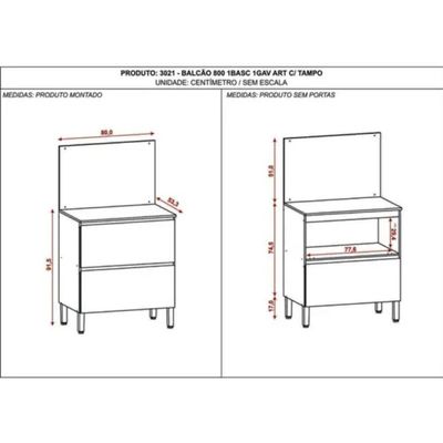 Balcão 80cm Art 1 Porta 1 Gaveta Com Tampo E Painel 3021 Branco E ártico