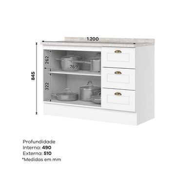 Bancada Ilha Cozinha Gourmet Americana c/ 2 Portas e 3 Gavetas 145cm Branco - Henn