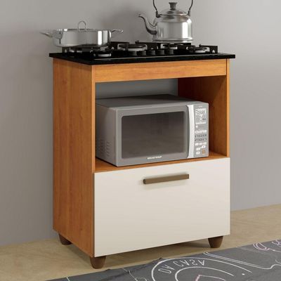Balcão Para Cooktop 4 Bocas 1 Porta Basculante Espaço Para Forno Salvia Nature/Off White