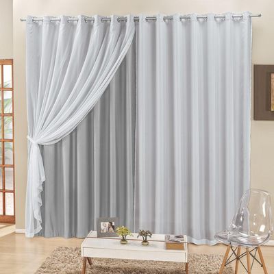 Cortina 4 Mts Sala Quarto Voal E Semiblackout Para Trilho Comum Cinza