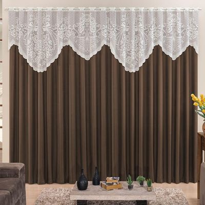 Cortina 3,00m X 2,50m Momento Sala Quarto Renda Com Microfibra P Varão Tabaco