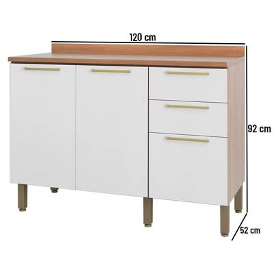Balcão 120cm Sálvia 2 Portas 3 Gavetas Com Tampo 908103 Branco E Freijó