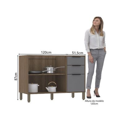 Balcão Cozinha Pia 120cm, 2 Portas 3 Gavetas