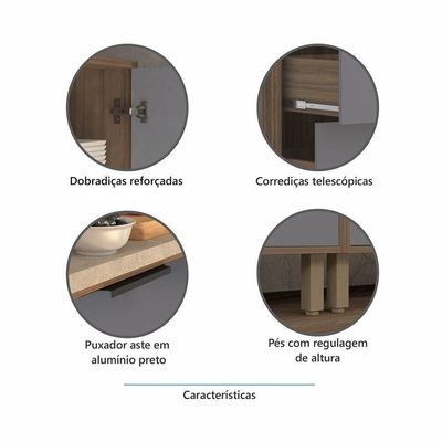 Balcão Cozinha Pia 120cm, 2 Portas 3 Gavetas