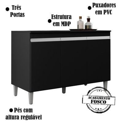 Balcao Com Tampo 120 Cm 3 Portas Manu Preto Reajl Preto