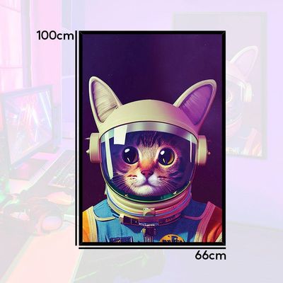 Quadro Decorativo Gato Astronauta Moldura Cx Alta 100x66 Titulos Moldura Preta