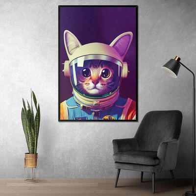 Quadro Decorativo Gato Astronauta Moldura Cx Alta 100x66 Titulos Moldura Preta