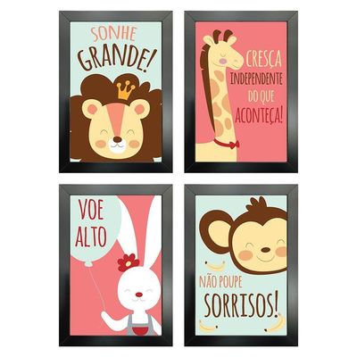 Kit 4 Quadros Infantil Leão Animais Bichos Frases 20x30cm Titulos Moldura Preta