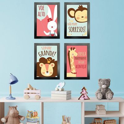 Kit 4 Quadros Infantil Leão Animais Bichos Frases 20x30cm Titulos Moldura Preta