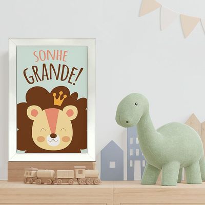 Kit 4 Quadros Infantil Leão Animais Bichos Frases 20x30cm Titulos Moldura Branca