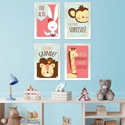 Kit 4 Quadros Infantil Leão Animais Bichos Frases 20x30cm Titulos Moldura Branca
