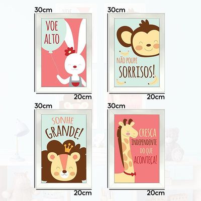 Kit 4 Quadros Infantil Leão Animais Bichos Frases 20x30cm Titulos Moldura Branca