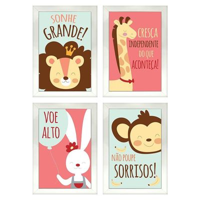 Kit 4 Quadros Infantil Leão Animais Bichos Frases 20x30cm Titulos Moldura Branca