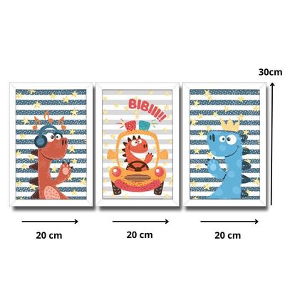 Kit Quadros Infantil Dinossauro Kids 20x30 3 Peças Titulos Moldura Branca