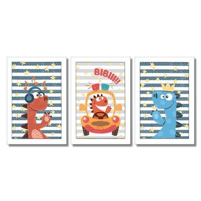 Kit Quadros Infantil Dinossauro Kids 20x30 3 Peças Titulos Moldura Branca