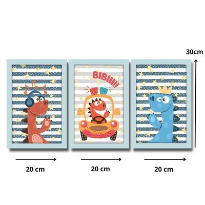 Kit Quadros Infantil Dinossauro Kids 20x30 3 Peças Titulo Moldura Azul