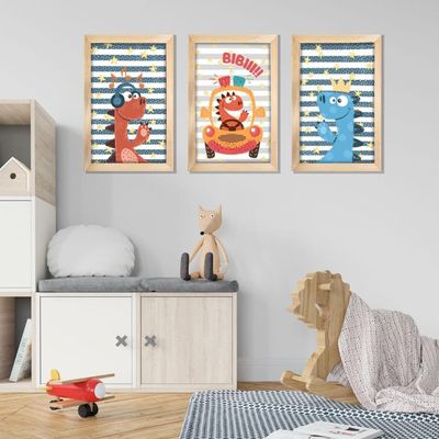 Kit Quadros Infantil Dinossauro Kids 20x30 3 Peças Titulo Moldura Mel
