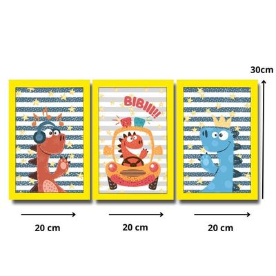 Kit Quadros Infantil Dinossauro Kids 20x30 3 Peças Titulo Moldura Amarela