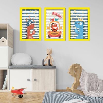 Kit Quadros Infantil Dinossauro Kids 20x30 3 Peças Titulo Moldura Amarela