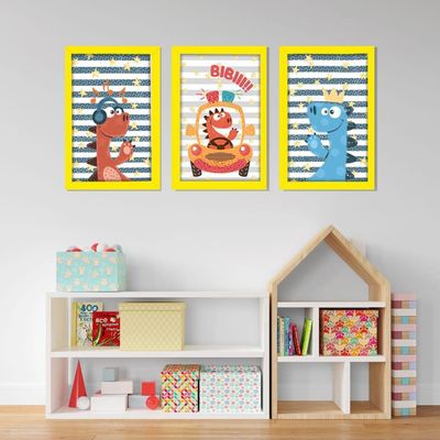 Kit Quadros Infantil Dinossauro Kids 20x30 3 Peças Titulo Moldura Amarela