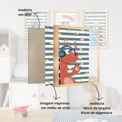 Kit Quadros Infantil Dinossauro Kids 20x30 3 Peças Titulo Moldura Amarela