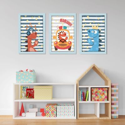 Kit Quadros Infantil Dinossauro Kids 20x30 3 Peças Titulos Moldura Azul