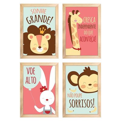 Kit 4 Quadros Infantil Leão Animais Bichos Frases 20x30cm Titulo Moldura Mel