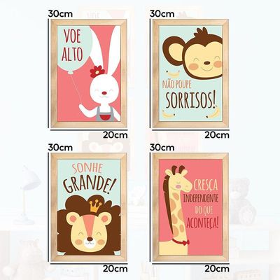Kit 4 Quadros Infantil Leão Animais Bichos Frases 20x30cm Titulo Moldura Mel
