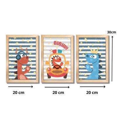 Kit Quadros Infantil Dinossauro Kids 20x30 3 Peças Titulos Moldura Mel