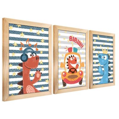 Kit Quadros Infantil Dinossauro Kids 20x30 3 Peças Titulos Moldura Mel