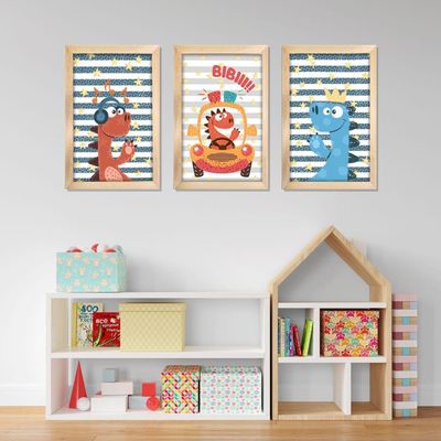 Kit Quadros Infantil Dinossauro Kids 20x30 3 Peças Titulos Moldura Mel