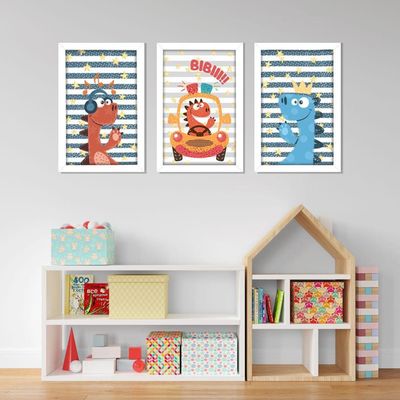 Kit Quadros Infantil Dinossauro Kids 20x30 3 Peças Titulo Moldura Branca