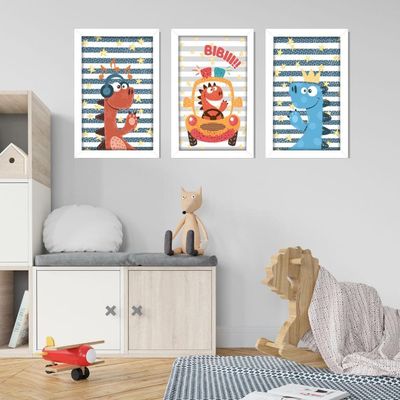 Kit Quadros Infantil Dinossauro Kids 20x30 3 Peças Titulo Moldura Branca