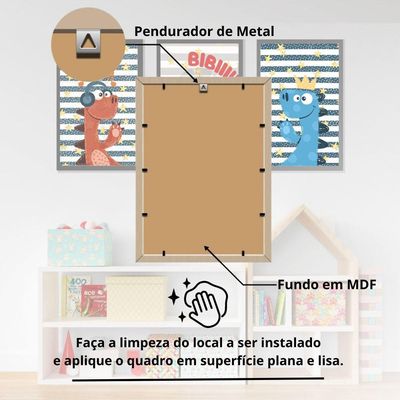 Kit Quadros Infantil Dinossauro Kids 20x30 3 Peças Titulo Moldura Branca