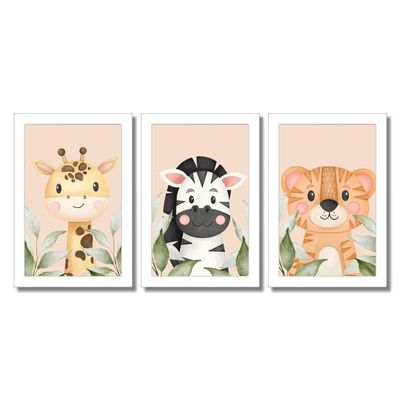 Kit 3 Quadros Safari Aquarela Infantil Quarto Vidro 20X30Cm Título Moldura Branca