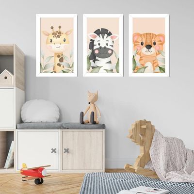 Kit 3 Quadros Safari Aquarela Infantil Quarto Vidro 20X30Cm Título Moldura Branca