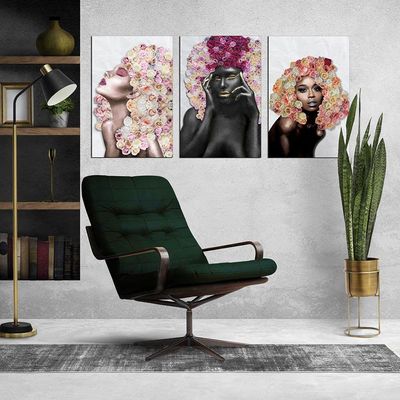 Placas Quadros Mdf 20X30Cm Mulheres Rosto Flores Rosas Kit 3