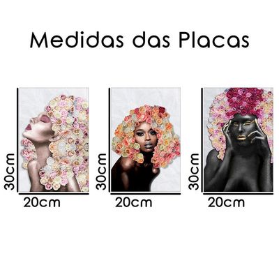 Placas Quadros Mdf 20X30Cm Mulheres Rosto Flores Rosas Kit 3
