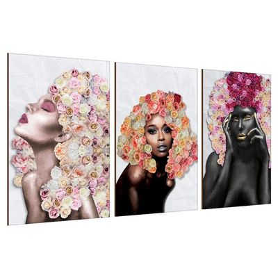 Placas Quadros Mdf 20x30cm Mulheres Rosto Flores Rosas Kit 3