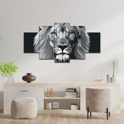 Kit 5 Placa Quadro 3d Borda Infinita Leão Cinza