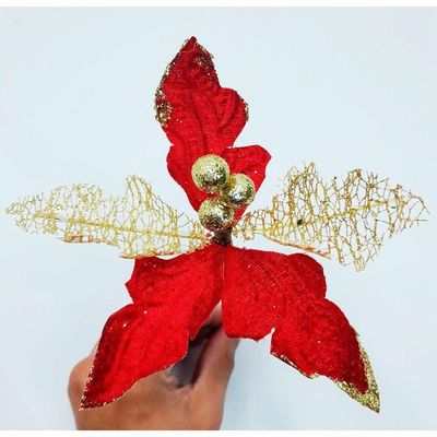 Kit 12 Flor Artificial Decoração Brilho Vermelho Gliter 15cm